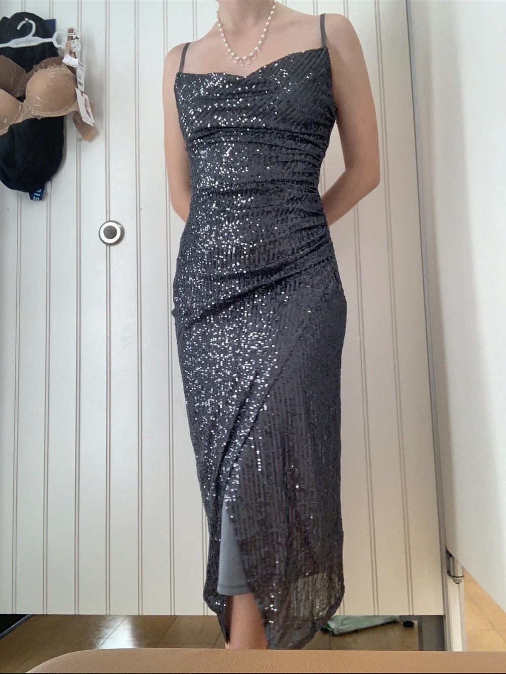 Dark Grey Sequin Maxi Dress with Cowl Neck